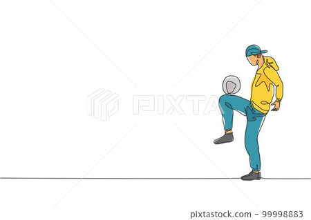 Single continuous line drawing of young sportive man wearing bandan train soccer freestyle, juggling on the field. Football freestyler concept. Trendy one line draw graphic design vector illustration 99998883