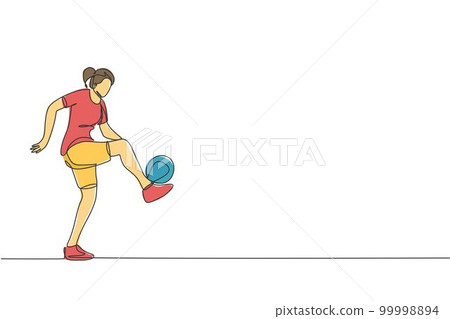 One continuous line drawing of young sporty woman soccer freestyler player practice ball juggling in the street. Football freestyle sport concept. Dynamic single line draw design vector illustration 99998894