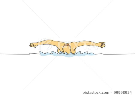One continuous line drawing of young muscular professional swimmer man swimming in sport center. Healthy sport and fitness cardio exercise concept. Dynamic single line draw design vector illustration One continuous line drawing of young muscular professional swimmer man swimming in sport center. Healthy sport and fitness cardio exercise concept. Dynamic single line draw design vector illustration 99998934