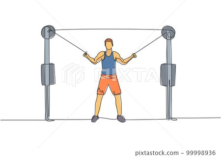One single line drawing of young energetic man exercise with cross over cable in gym fitness center vector illustration graphic. Healthy lifestyle sport concept. Modern continuous line draw design 99998936