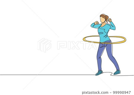 Single continuous line drawing of young sportive woman happy training with hula hoop in sport gymnasium club center. Fitness stretching concept. Trendy one line draw design graphic vector illustration 99998947