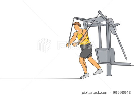 One continuous line drawing of young sporty man working out with crossover cable machine in fitness gym club center. Healthy fitness sport concept. Dynamic single line draw design vector illustration 99998948