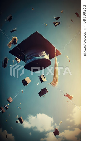 AI generated Graduation cap with flying books on blue sky background. Education concept AI generated Graduation cap with flying books on blue sky background. Education concept 99999253