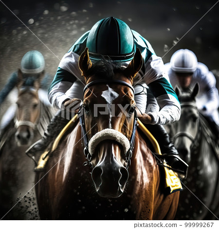 AI generated Jockey riding a horse on a racecourse AI generated Jockey riding a horse on a racecourse 99999267