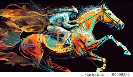 AI generated Jockey riding a race horse. Colorful abstract background 99999291