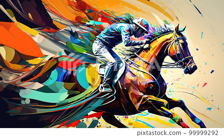 AI generated Jockey riding a race horse. Colorful abstract background 99999292