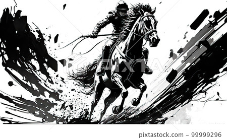 Horse and rider in action. AI generated Jockey riding a race horse. 99999296