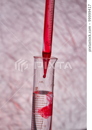 Close up pipette dropping blood into test tube. Blood test and analysis in medical research laboratory. Close up pipette dropping blood into test tube. Blood test and analysis in medical research laboratory. 99999417