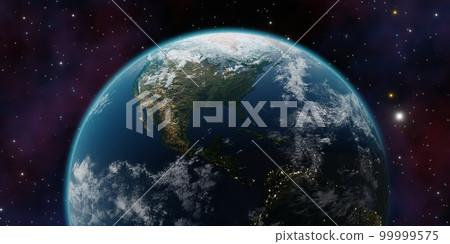 Beautiful 3d earth planet 3d render. Concept of climate change, dark night, cities lights, sunrise. World planet satellite, Stars, nebula and galaxy. Sunrise from outer space Beautiful 3d earth planet 3d render. Concept of climate change, dark night, cities lights, sunrise. World planet satellite, Stars, nebula and galaxy. Sunrise from outer space 99999575