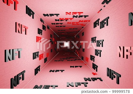 NFT crypto symbols tunnel icon red background 3d render. Non fungible token of unique collectibles, blockchain and digital artwork 99999578