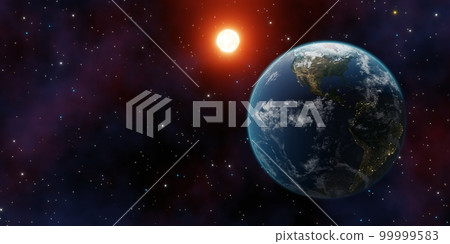 World planet satellite, Stars, nebula and galaxy 3d render. Concept of climate change, dark night, cities lights, sunrise. Beautiful 3d earth planet. Sunrise from outer space 99999583