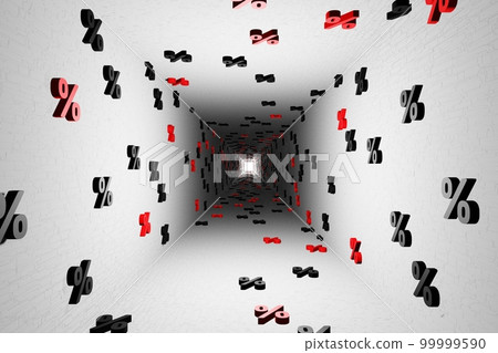 Percent symbols in white tunnel background 3d render. Concept of discounts, sales, seasonal promotions, black friday, singles day and shopping 1111. Sign percent 99999590