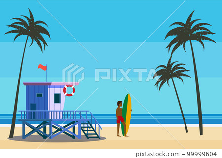 Lifeguard Tower on the beach palms, surfer, coast ocean, sea. Summer tropical landscape, vector 99999604