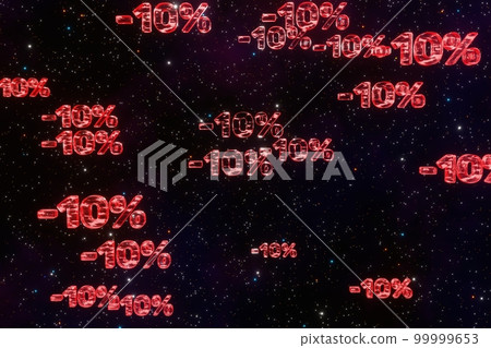 Red minus ten percent symbols fall down isolated on black background 3d render. Concept of discounts, sales, seasonal promotions, black friday, singles day and shopping 1111 99999653