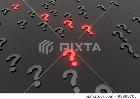 Question marks symbols icon black background 3d render. Digital cyberspace questions, symbol, ask, asking, essentials, confusion thinking 99999703