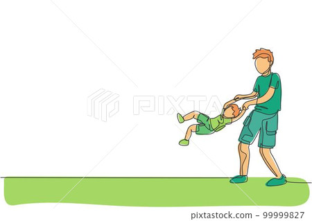 One single line drawing young dad playing with his son, lifting and swinging his body, parenting graphic vector illustration. Happy family playing together concept. Modern continuous line draw design 99999827