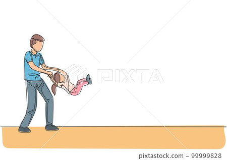 Single continuous line drawing of young happy father playing with daughter at home, lifting and swinging, parenthood time. Family parenting concept. Trendy one line draw design vector illustration 99999828