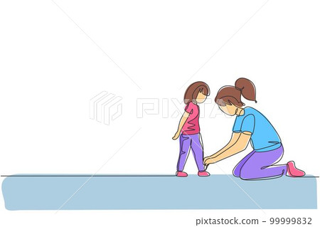 Single continuous line drawing of young mother tying her daughter shoelaces at home before go to school, parenthood. Family parenting concept. Trendy one line draw design vector graphic illustration Single continuous line drawing of young mother tying her daughter shoelaces at home before go to school, parenthood. Family parenting concept. Trendy one line draw design vector graphic illustration 99999832