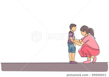 One continuous line drawing of young mother giving some wise advice talk to her son at home, family life. Happy parenting concept. Dynamic single line draw design vector graphic illustration One continuous line drawing of young mother giving some wise advice talk to her son at home, family life. Happy parenting concept. Dynamic single line draw design vector graphic illustration 99999841