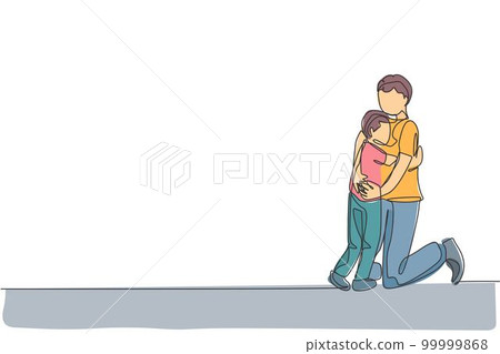 One single line drawing of young happy daddy hugging his lovely son full of warmth at home vector illustration. Parenting education concept. Modern continuous line graphic draw design 99999868
