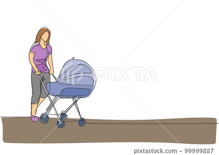 One continuous line drawing of young happy mother pushing baby trolley at outdoor park. Happy loving parenting family concept. Dynamic single line draw graphic design vector illustration 99999887