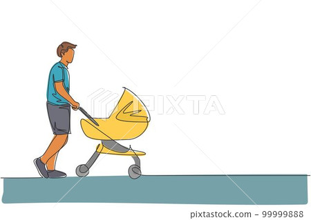 One single line drawing of young happy father pushing baby trolley at outdoor park vector graphic illustration. Parenting education concept. Modern continuous line draw design One single line drawing of young happy father pushing baby trolley at outdoor park vector graphic illustration. Parenting education concept. Modern continuous line draw design 99999888