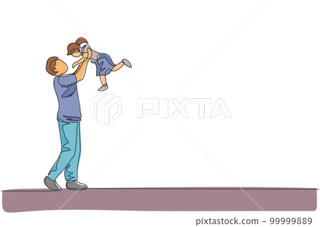 One continuous line drawing of young happy father raising his daughter up in the air, family play together. Happy loving parenting family concept. Dynamic single line draw design vector illustration 99999889