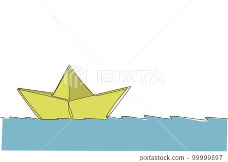One continuous line drawing of paper boat sailing on the water river. Origami craft concept. Dynamic single line draw design vector graphic illustration 99999897
