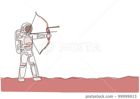 One single line drawing of young astronaut focus training to improve his shot into target in moon surface graphic vector illustration. Cosmonaut deep space concept. Modern continuous line draw design One single line drawing of young astronaut focus training to improve his shot into target in moon surface graphic vector illustration. Cosmonaut deep space concept. Modern continuous line draw design 99999913