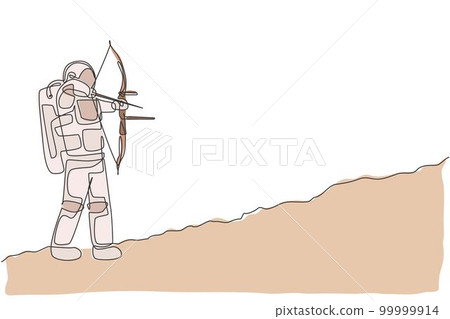 Single continuous line drawing of young astronaut practicing archery to shoot bullseye on target in moon surface. Cosmonaut outer space concept. Trendy one line draw design vector graphic illustration Single continuous line drawing of young astronaut practicing archery to shoot bullseye on target in moon surface. Cosmonaut outer space concept. Trendy one line draw design vector graphic illustration 99999914