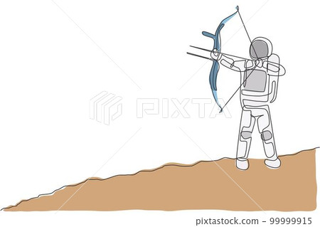 One continuous line drawing of young astronaut focus aiming archery into target in moon surface. Cosmic galaxy space concept. Dynamic single line draw design graphic vector illustration 99999915