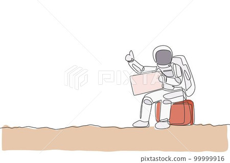 One single line drawing of astronaut hitchhiker siting on luggage while waiting for the ride in moon surface road vector illustration. Cosmonaut deep space concept. Modern continuous line draw design One single line drawing of astronaut hitchhiker siting on luggage while waiting for the ride in moon surface road vector illustration. Cosmonaut deep space concept. Modern continuous line draw design 99999916