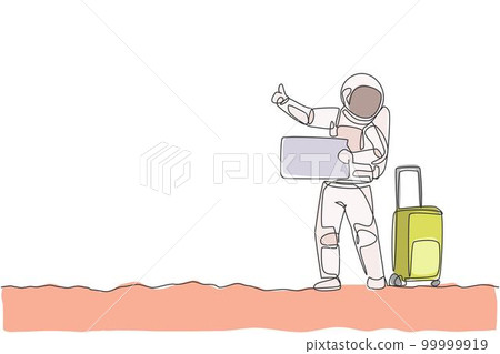 Single continuous line drawing of young astronaut hitchhiker waiting for transport beside the roadway in moon surface. Cosmonaut outer space concept. Trendy one line draw design vector illustration 99999919