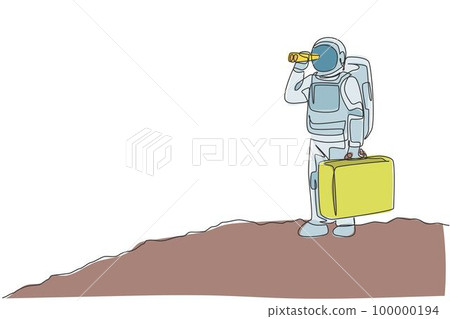 Single continuous line drawing of young astronaut holding suitcase and looking with binocular in moon surface. Space man cosmic galaxy concept. Trendy one line draw design graphic vector illustration 100000194