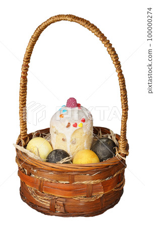 Basket with Easter cake and painted eggs on isolated white background. 100000274