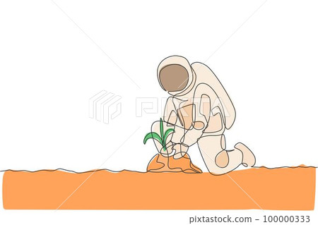 One single line drawing of astronaut planting new species tree seed carefully in moon surface vector illustration. Outer space farming concept. Modern continuous line draw graphic design One single line drawing of astronaut planting new species tree seed carefully in moon surface vector illustration. Outer space farming concept. Modern continuous line draw graphic design 100000333