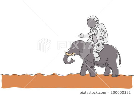 One continuous line drawing of cosmonaut with spacesuit riding Aisan elephant, wild animal in moon surface. Astronaut zoo safari journey concept. Trendy single line draw design vector illustration 100000351