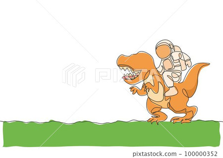 Single continuous line drawing of cosmonaut with spacesuit riding t-rex, wild animal in moon surface. Fantasy astronaut safari journey concept. Trendy one line draw design graphic vector illustration 100000352