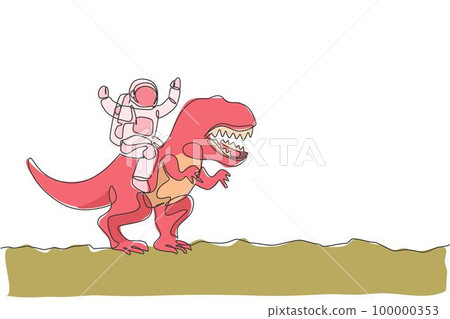 Single continuous line drawing of cosmonaut with spacesuit riding tyrannosaurus, wild animal in moon surface. Fantasy astronaut safari journey concept. Trendy one line draw design vector illustration Single continuous line drawing of cosmonaut with spacesuit riding tyrannosaurus, wild animal in moon surface. Fantasy astronaut safari journey concept. Trendy one line draw design vector illustration 100000353