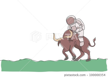 One continuous line drawing of spaceman take a walk riding an angry bull, wild animal in moon surface. Deep space safari journey concept. Dynamic single line draw graphic design vector illustration 100000354