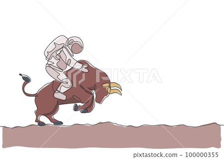 One single line drawing of astronaut riding angry bull, wild animal in moon surface vector graphic illustration. Cosmonaut safari journey concept. Modern continuous line draw design 100000355