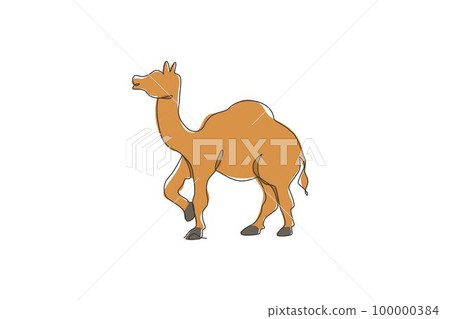Single continuous line drawing of wild Arabian camel. Endangered animal national park conservation. Safari zoo concept. Trendy one line draw design vector graphic illustration Single continuous line drawing of wild Arabian camel. Endangered animal national park conservation. Safari zoo concept. Trendy one line draw design vector graphic illustration 100000384