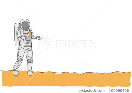 Single continuous line drawing astronaut in moon surface texting his partner using smartphone. Business office with galaxy outer space concept. Trendy one line draw design vector graphic illustration Single continuous line drawing astronaut in moon surface texting his partner using smartphone. Business office with galaxy outer space concept. Trendy one line draw design vector graphic illustration 100000406