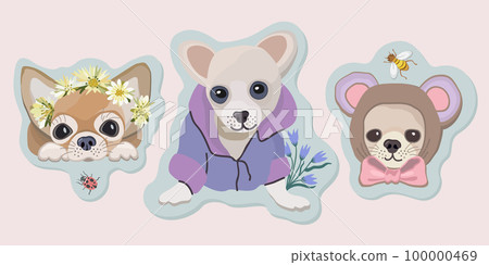 Vector stickers with little dogs. Cute doggies in soft pastel colors. With flowers and insects. Vector stickers with little dogs. Cute doggies in soft pastel colors. With flowers and insects. 100000469
