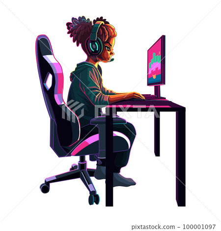 African girl gamer or streamer with a headset sits in front of a computer African girl gamer or streamer with a headset sits in front of a computer 100001097