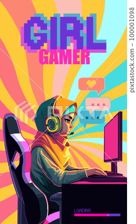 Girl gamer or streamer with a headset sits in front of a computer Girl gamer or streamer with a headset sits in front of a computer 100001098