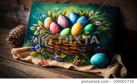 Easter painted eggs in a basket, holiday, Easter,generative AI Easter painted eggs in a basket, holiday, Easter,generative AI 100001710