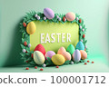 Festive Easter frame with realistic 3d Easter colored eggs on green background. Promotion sale or greeting card created with AI generative technology. 100001712