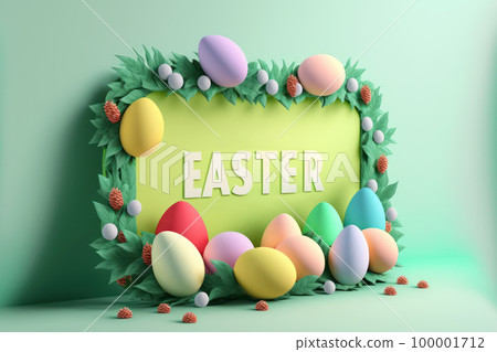 Festive Easter frame with realistic 3d Easter colored eggs on green background. Promotion sale or greeting card created with AI generative technology. Festive Easter frame with realistic 3d Easter colored eggs on green background. Promotion sale or greeting card created with AI generative technology. 100001712