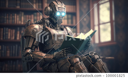 an outdated robot model reads a book in a library. futuristic plot 100001825